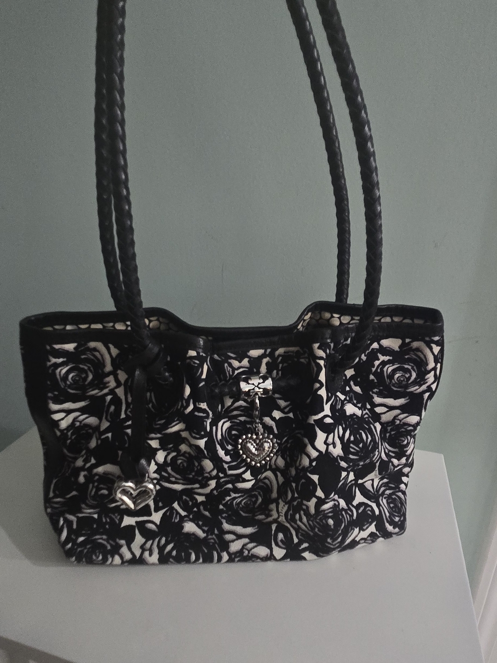 Brighton Bag Black and White Floral Tote Bag with Heart Charms